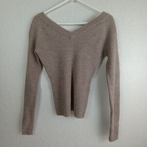 Rubber Doll Ribbed Sweater V Neck & Back Long Sleeve Beige Women's Size XL